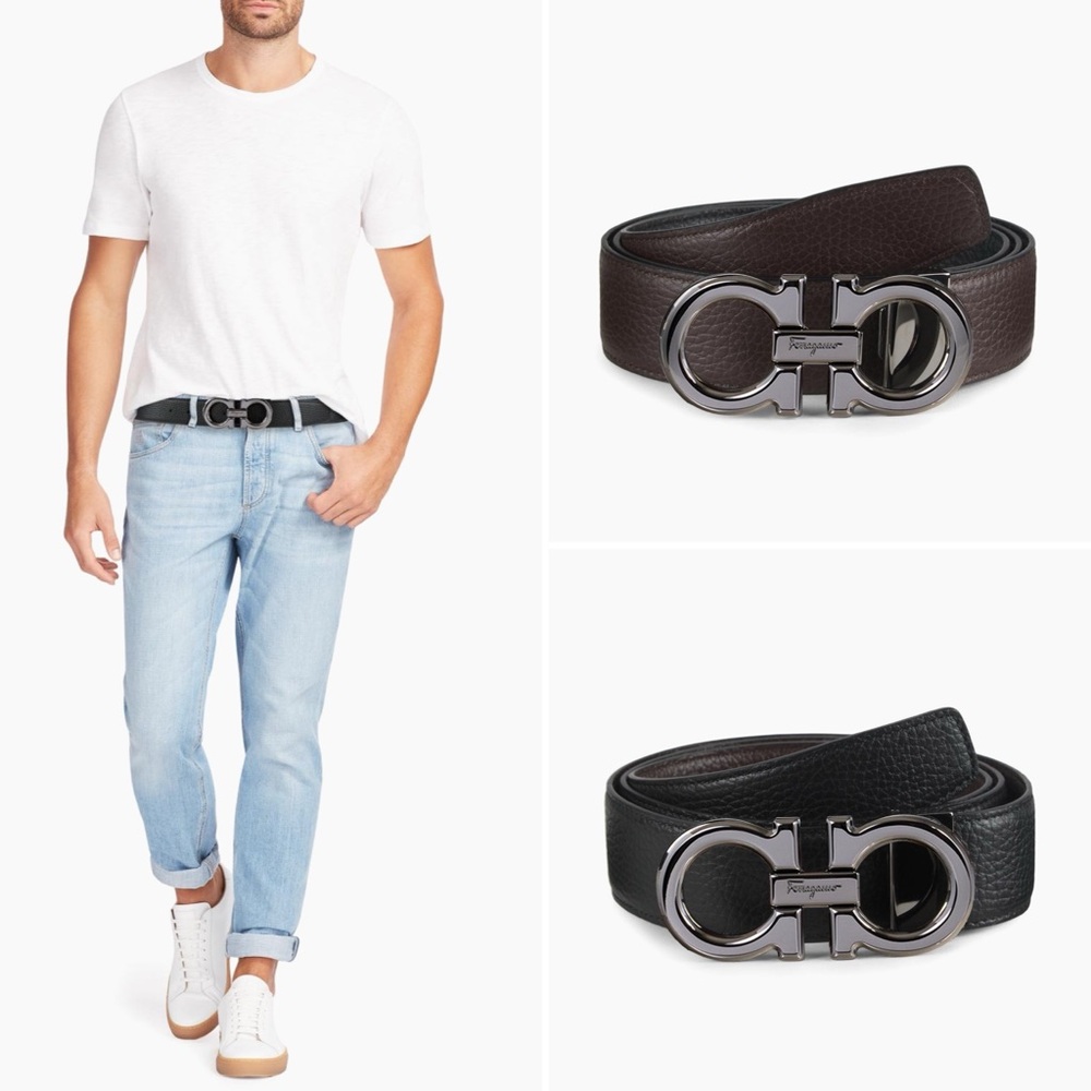 FERRAGAMO Double Gancini Buckle Adjustable Reversible Belt 38